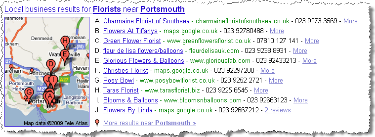 Portsmouth Florists in Google Local Business Centre