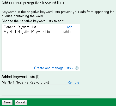 Select negative keyword lists for your campaign