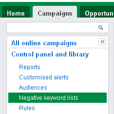 Negative keyword lists, under Control panel and library