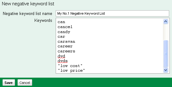 Create a new negative keyword list