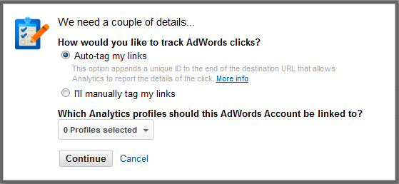 link adwords and analytics - pop up