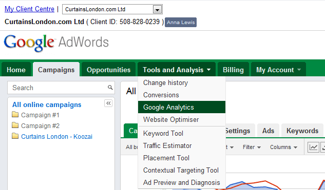 link adwords and analytics - navigation