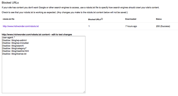 Blocked URLs in Webmaster Tools
