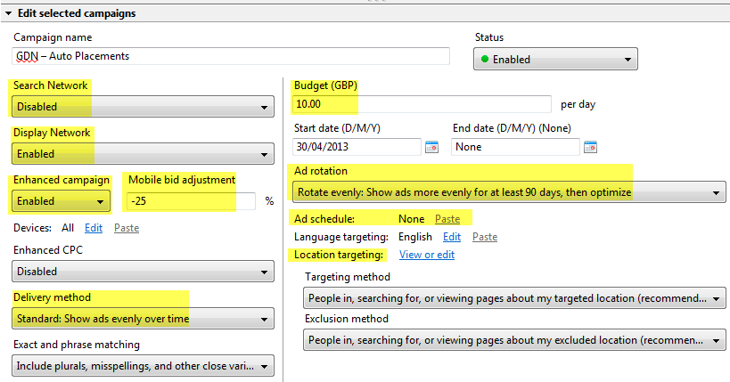 AdWords GDN Campaign Settings AdWords Editor