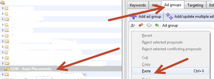 paste ad groups into display campaign