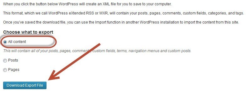 WordPress Setup - Export All content