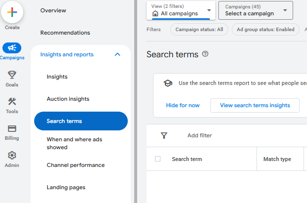 Google ads search term screenshot