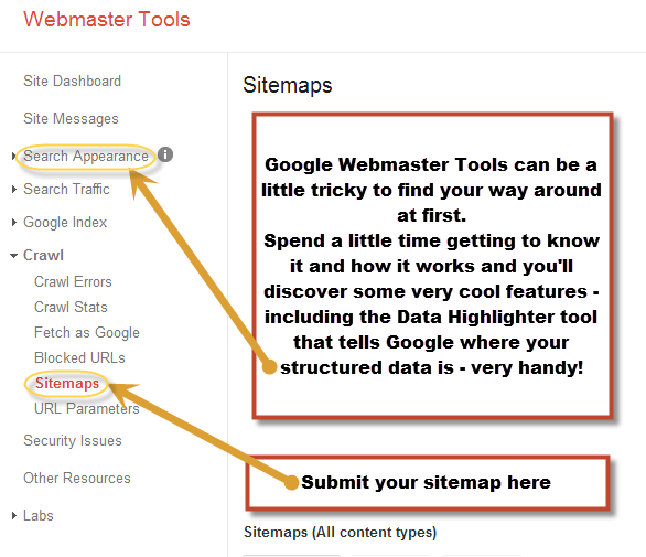 Anotated Screenshot of Google Webmaster Tools