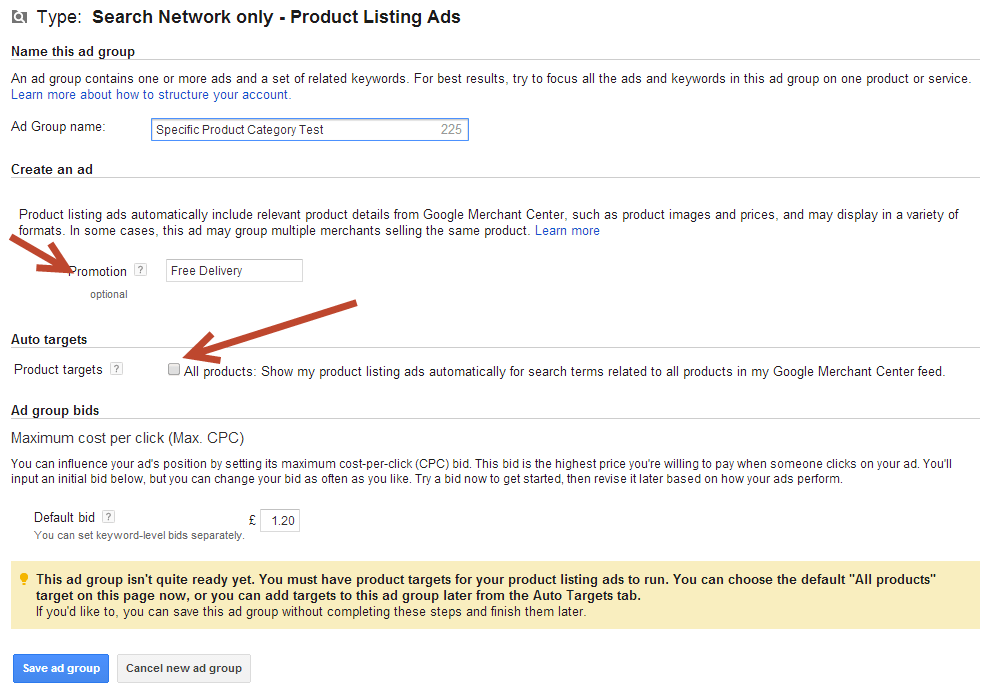 Specific PLA ad group settings