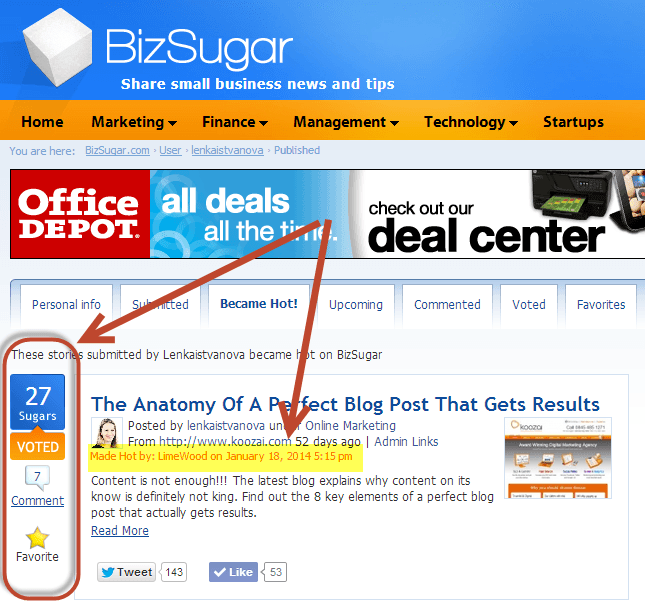 BizSugar Content Curation Site - Example