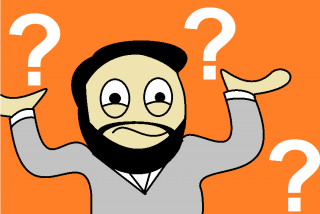 bearded cartoon man shrugging with question marks