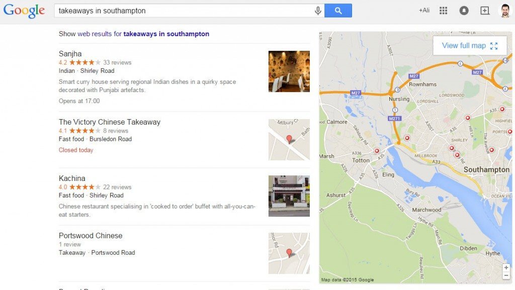 Google local listings for takeaways in Southampton