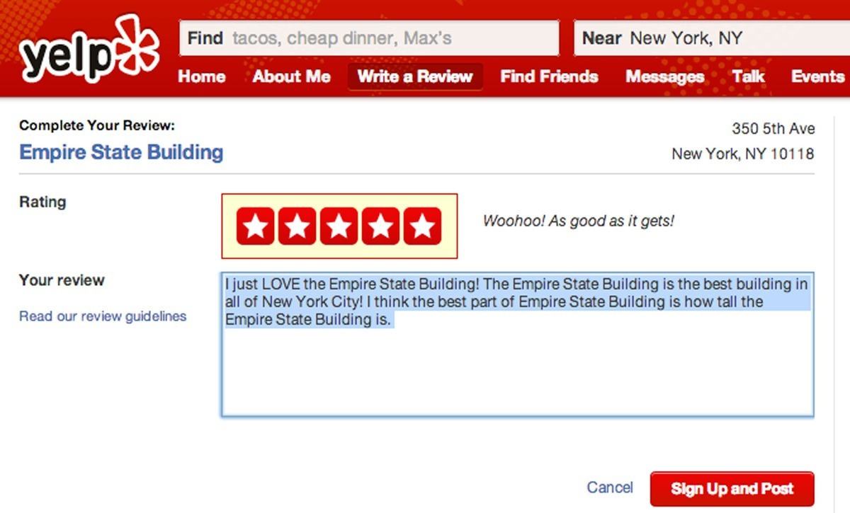 Fake Review Example on Yelp