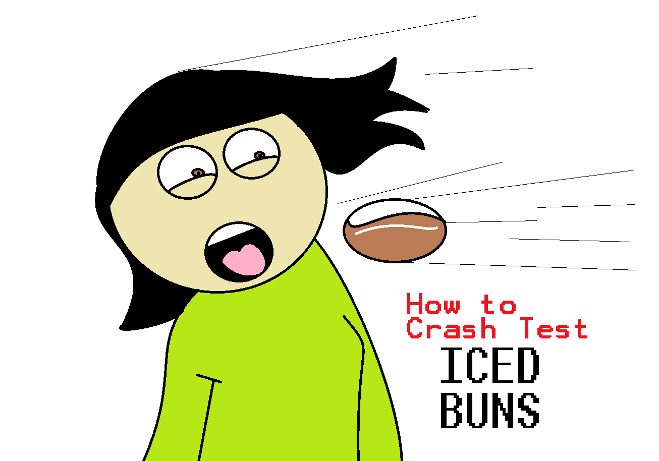 cartoon woman trying to catch an iced bun with mouth