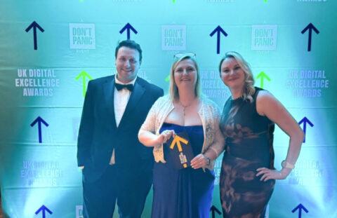 Sophie Roberts, Managing Director at Koozai, with Kelly-Anne Crean (Head of Operations) and David Wilson (Head of PR & Content) at the UK Digital Excellence Awards 2025, proudly representing Koozai in the Stand Out Small Integrated Agency category.