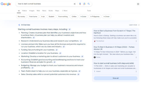 Screenshot of a Google search for 'how to start a small business' showing AI Overview with a step-by-step business startup guide including planning, research, licenses, funding, location, marketing, accounting, budgeting, team building, and sales, alongside traditional organic search results.