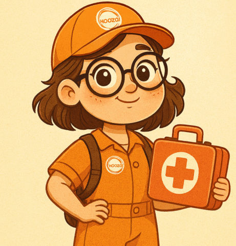 a female SEO migration paramedic in a Koozai branded uniform holding a first aid box.