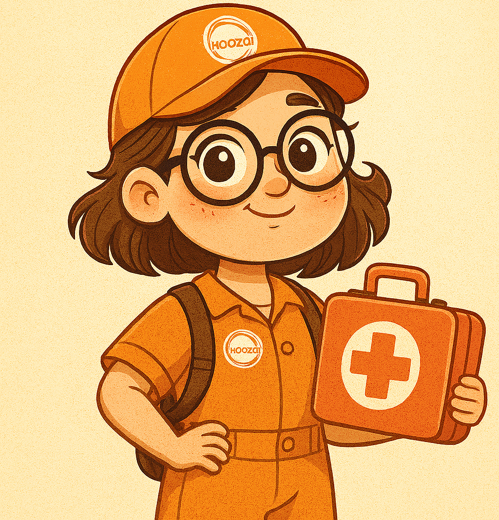a female SEO migration paramedic in a Koozai branded uniform holding a first aid box.
