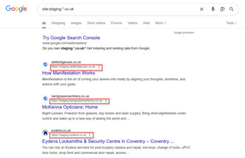 Examples of where Google is showing a company's staging site in the SERPs.
