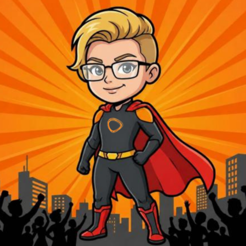 Erin Simmons illustrated as a superhero in front of an orange city skyline