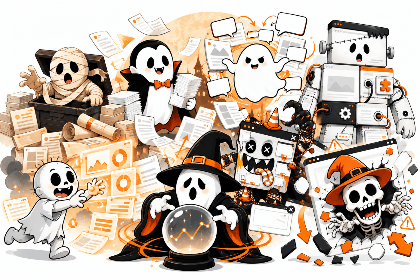 Koozai's Marketing Hall of Horrors characters, featuring an algorithm witch, conversion killer, feedback poltergeist, Frankenstein's website, keyword mummy, scope vampire, vanity metrics zombie and website launch skeleton, surrounded by spooky marketing graphics.