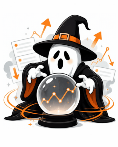 Cartoon ghost dressed as a witch, using a crystal ball to predict marketing performance, surrounded by orange analytics graphs and arrows.