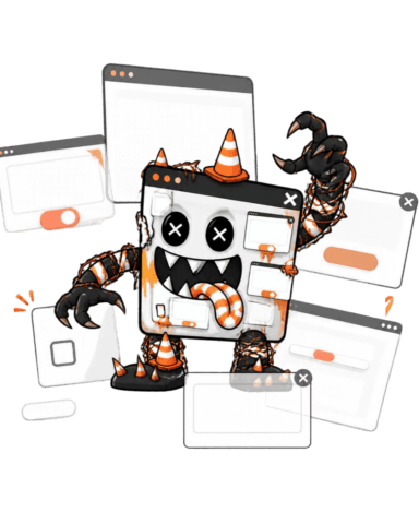Scary cartoon website monster with sharp teeth, claws and traffic cones, surrounded by broken pop-ups, buttons and website forms.