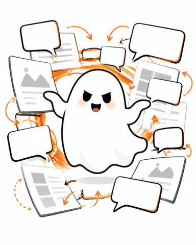 Mischievous cartoon ghost surrounded by floating feedback forms, comment bubbles and documents, with swirling orange arrows.