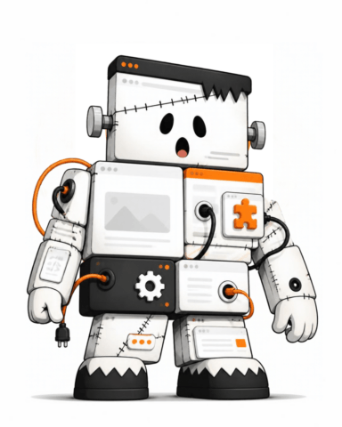 Cartoon Frankenstein monster built from mismatched website elements, browser windows and plugins, connected by orange and black cables.