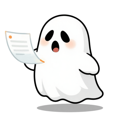 Cute white cartoon ghost with a surprised expression, holding a sheet of paper against a black background.