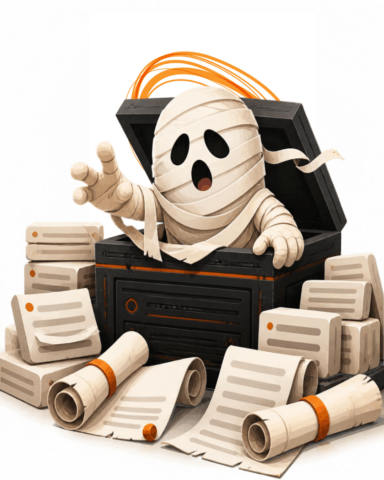 Cartoon mummy emerging from a black chest, surrounded by piles of keyword documents and rolled-up scrolls.