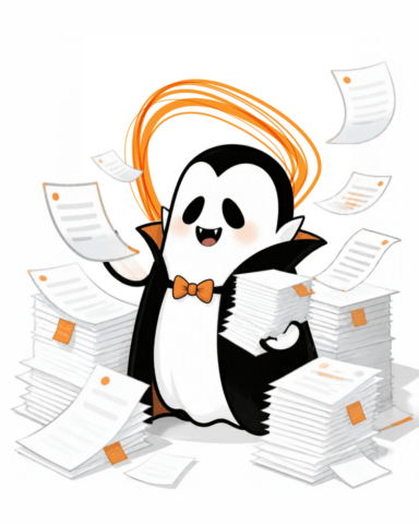 Smiling cartoon vampire ghost wearing a black cape and orange bow tie, surrounded by towering stacks of documents and flying paperwork.