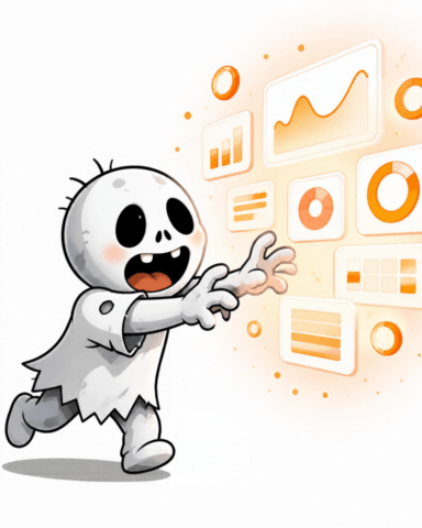 Excited cartoon zombie reaching towards glowing orange marketing dashboards displaying charts, graphs and performance metrics.