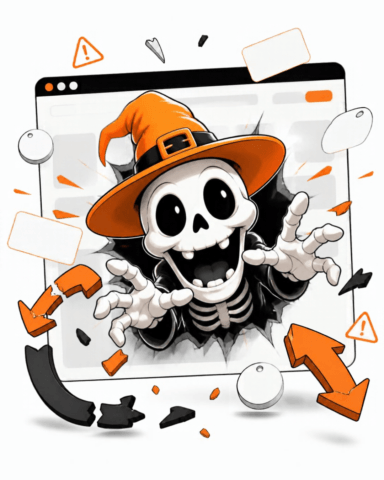 Cartoon skeleton wearing an orange witch's hat, bursting through a website browser window surrounded by warning symbols and broken arrows.